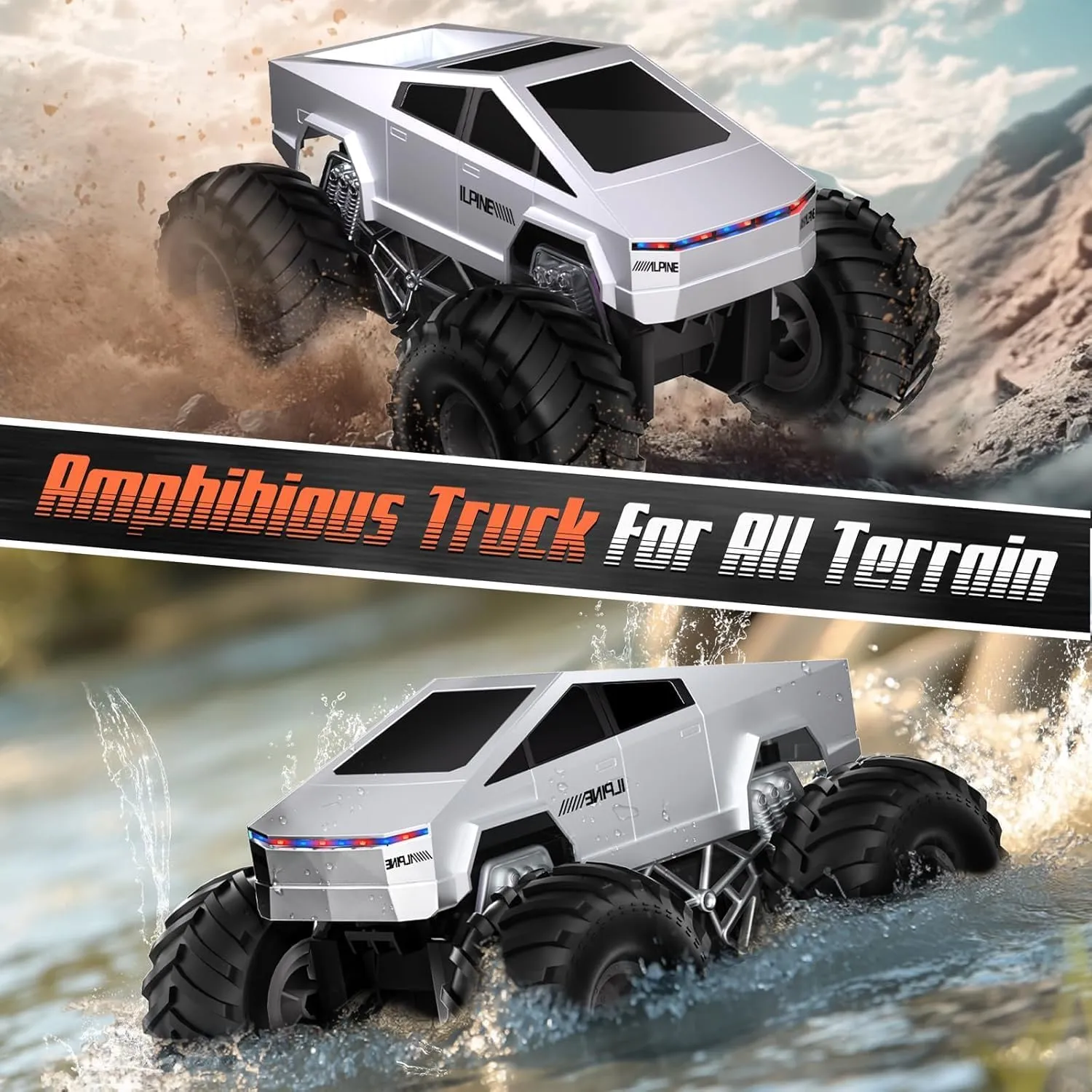 RC Cyber Truck Toy Car 1:16 Scale, Waterproof 4WD Amphibious, Remote Control for Kids 6 , All-Terrain Off-Road Pickup, 2.4GHz, Ideal Gift for Boys (XS-1)