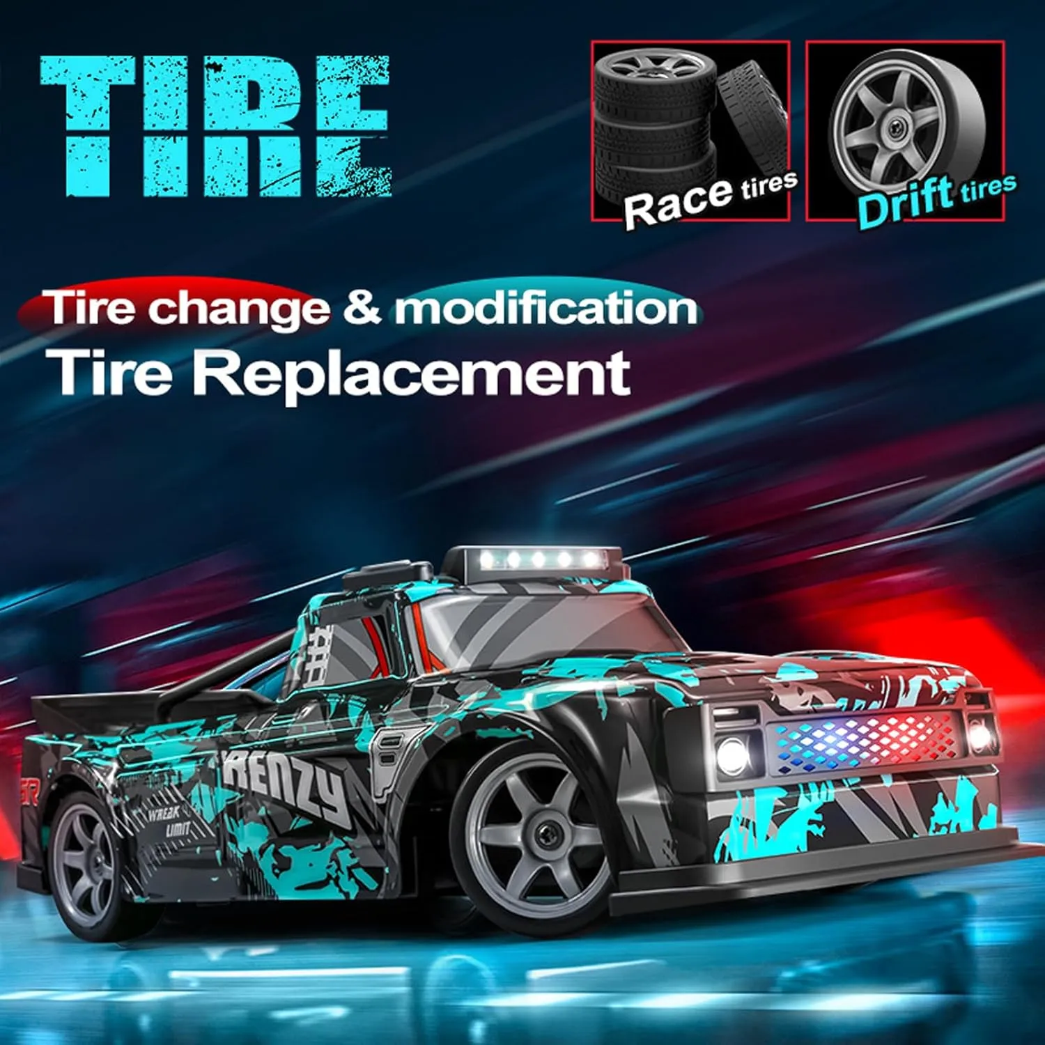 RC Drift Car, 1:16 Scale Remote Control Car 25KM/H 4WD High Speed Remote Control Cars with LED Lights Extra Tires 4WD Hobby RC Cars Pickup Model Toy Gifts for Kids Adults