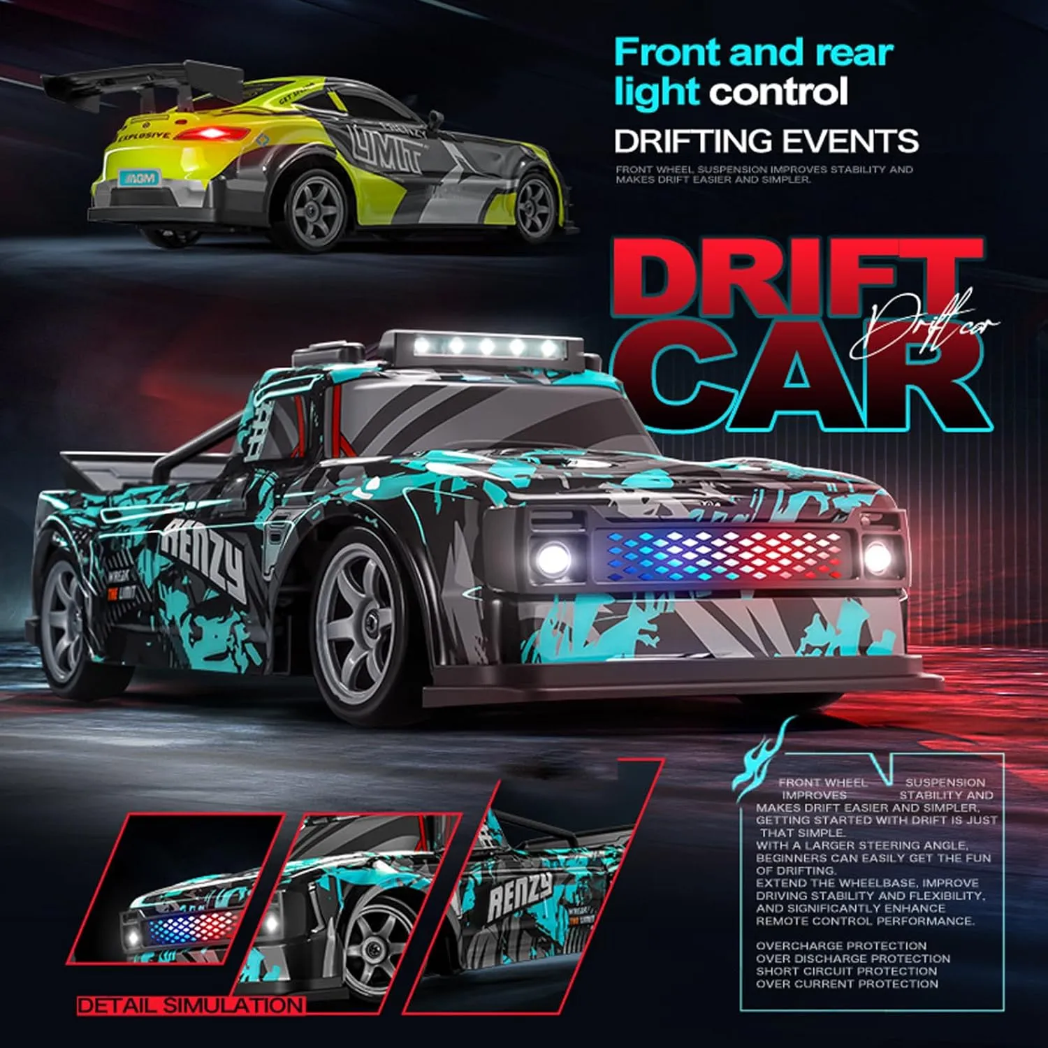 RC Drift Car, 1:16 Scale Remote Control Car 25KM/H 4WD High Speed Remote Control Cars with LED Lights Extra Tires 4WD Hobby RC Cars Pickup Model Toy Gifts for Kids Adults