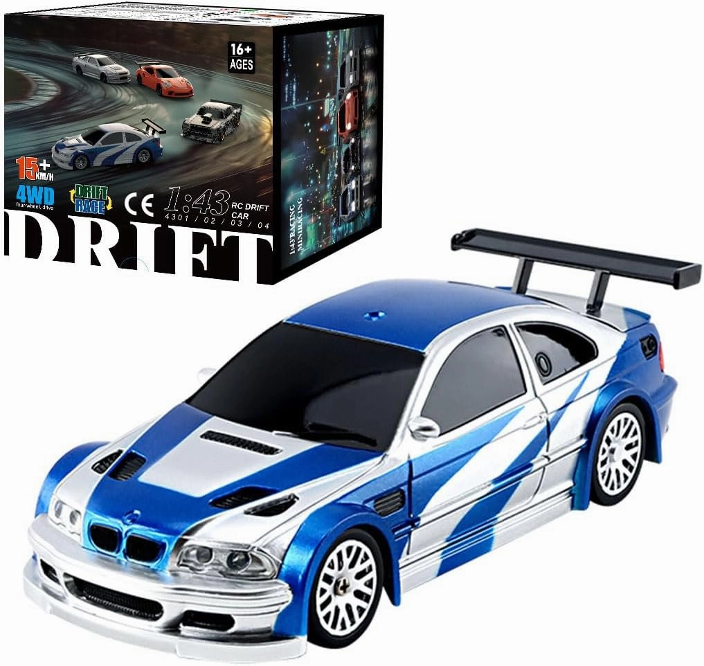 RC Electric Mini Racing Drift Car, 1/43 2.4G 15km/h Full Proportional Remote Control Model Cars with Lights Kit & High Speed for Adults (RTR Version/Blue White) - Gyro Version