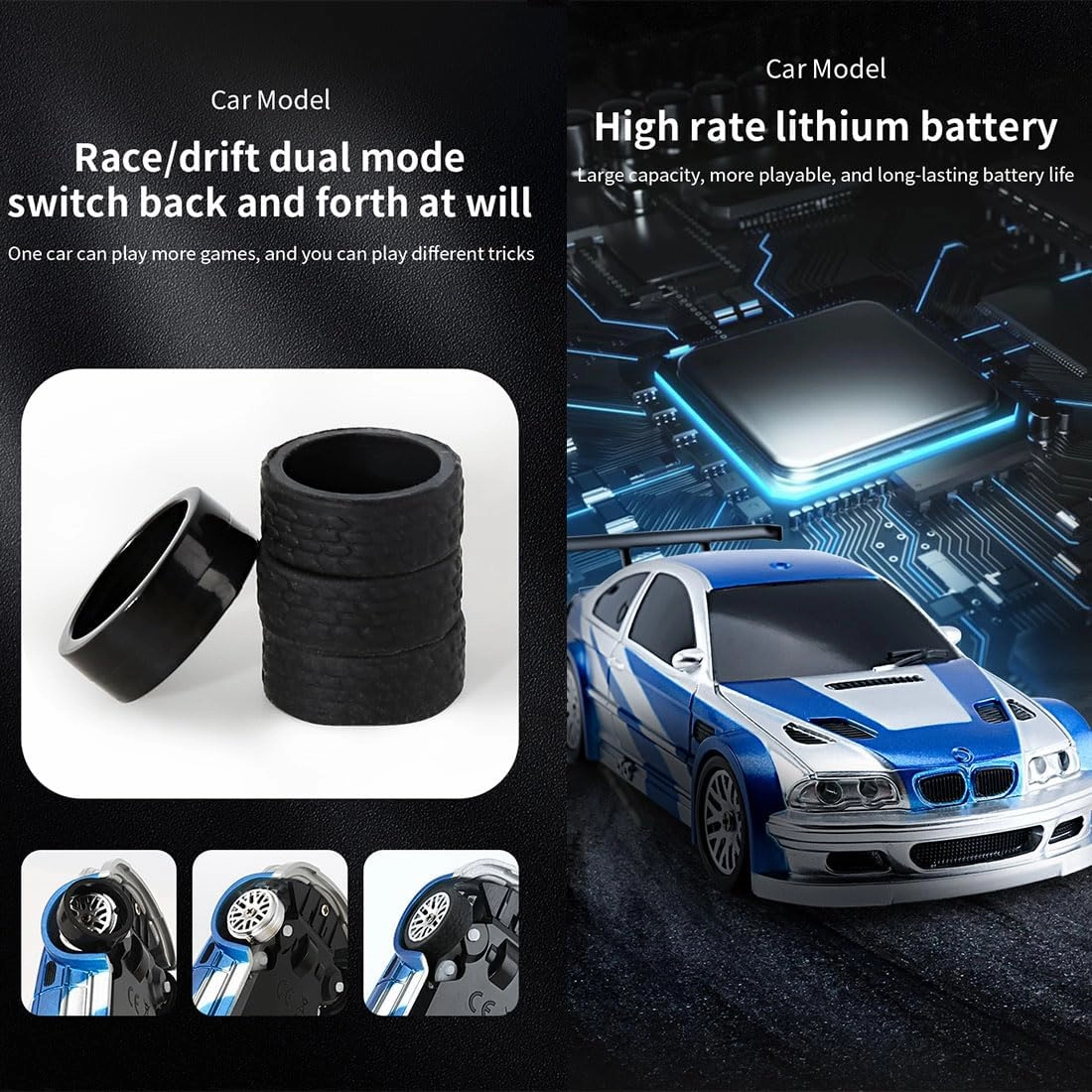 RC Electric Mini Racing Drift Car, 1/43 2.4G 15km/h Full Proportional Remote Control Model Cars with Lights Kit & High Speed for Adults (RTR Version/Blue White) - Gyro Version