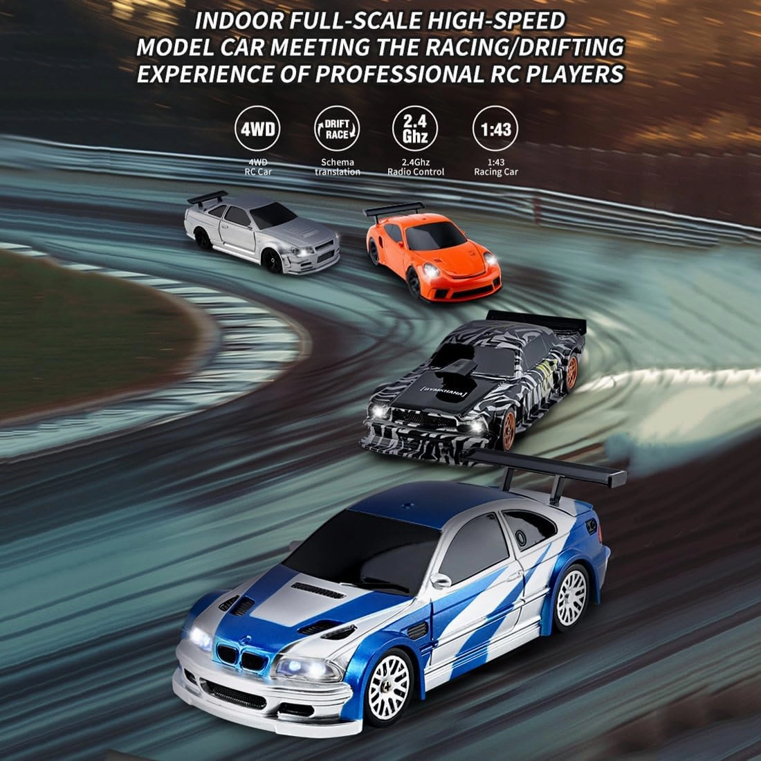 RC Electric Mini Racing Drift Car, 1/43 2.4G 15km/h Full Proportional Remote Control Model Cars with Lights Kit & High Speed for Adults (RTR Version/Blue White) - Gyro Version