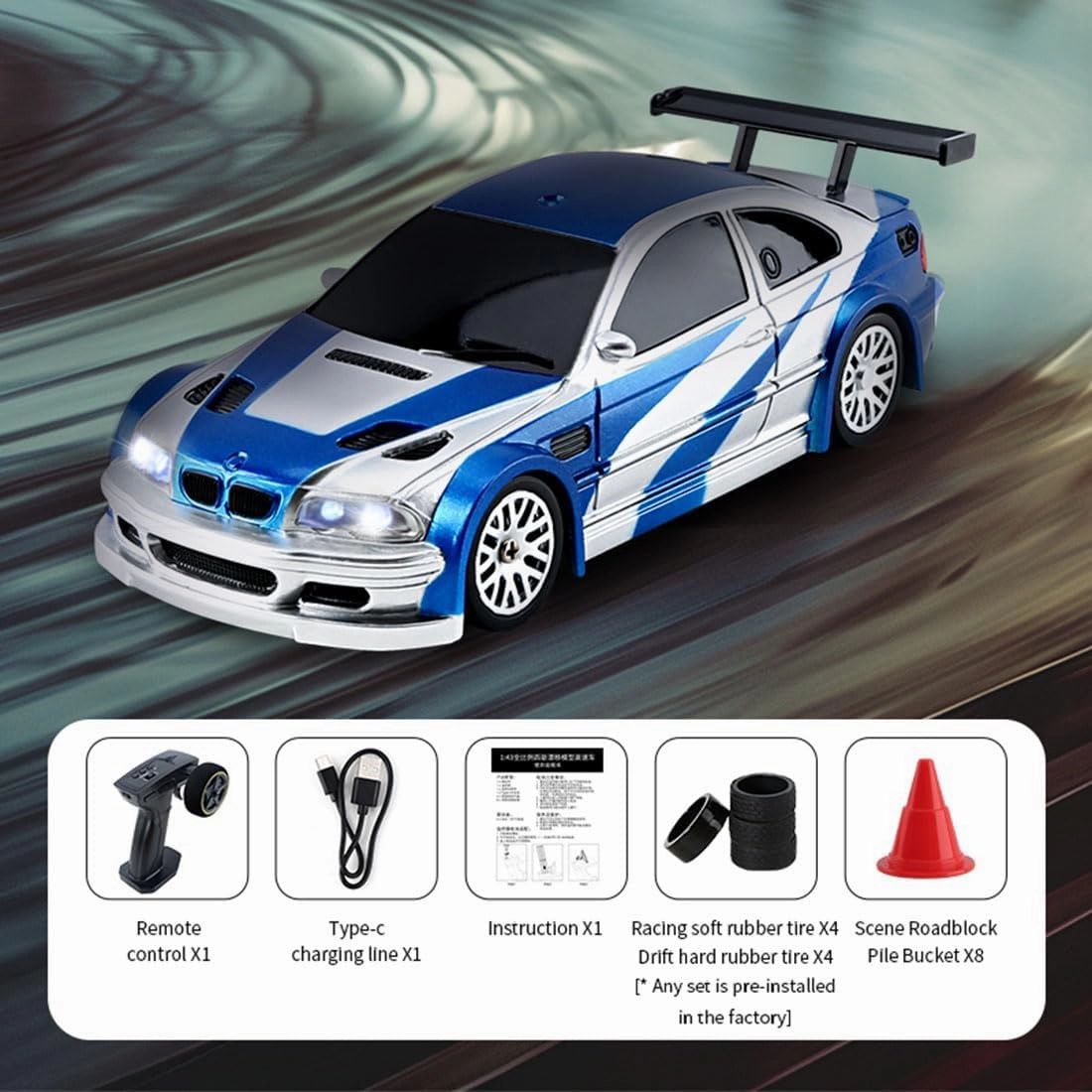 RC Electric Mini Racing Drift Car, 1/43 2.4G 15km/h Full Proportional Remote Control Model Cars with Lights Kit & High Speed for Adults (RTR Version/Blue White) - Gyro Version