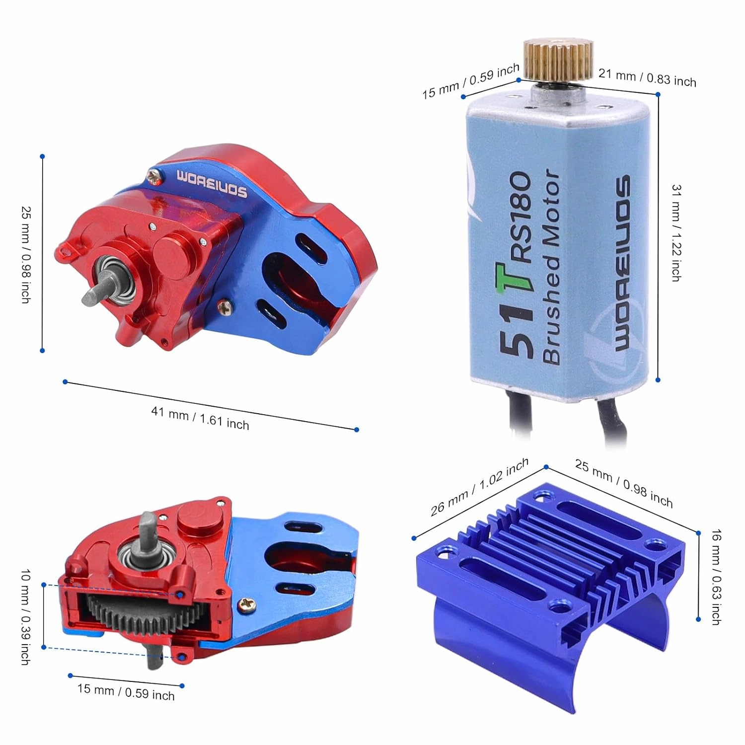 RC Motor RS180 51T Brushed Motor & Aluminum Alloy Transmission Gearbox & Heatsink for Axial SCX24 AXI00002 AXI00001 AXI90081 AXI00006 AXI00005 1/24 RC Crawler Upgrade Parts (Assembled)
