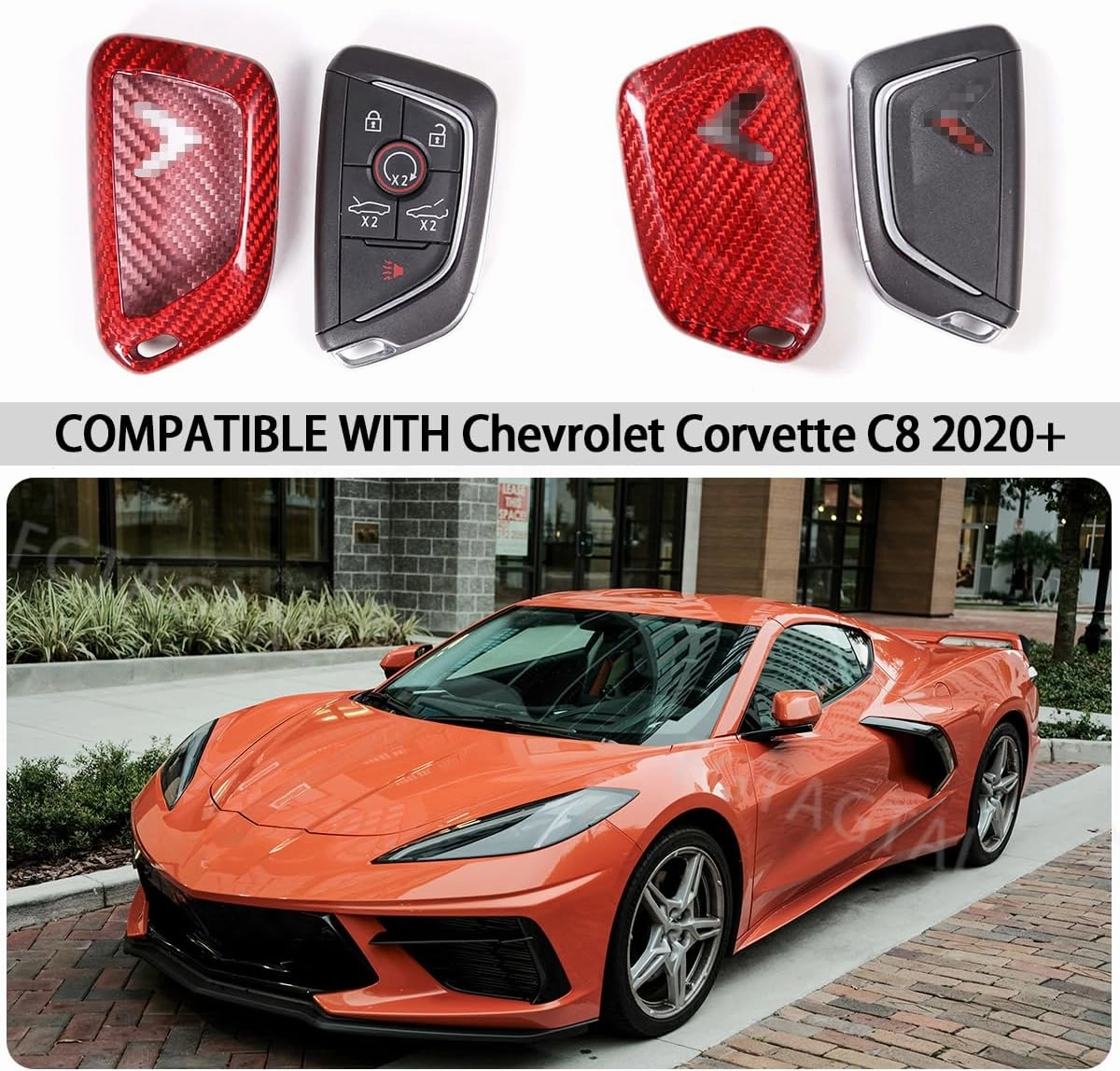 Real Carbon Fiber Key Fob Case Cover Compatible with Chevrolet Corvette C8 2020-2025, Key Fob Cover, Car Smart Remote Case Trim Accessories (Red)