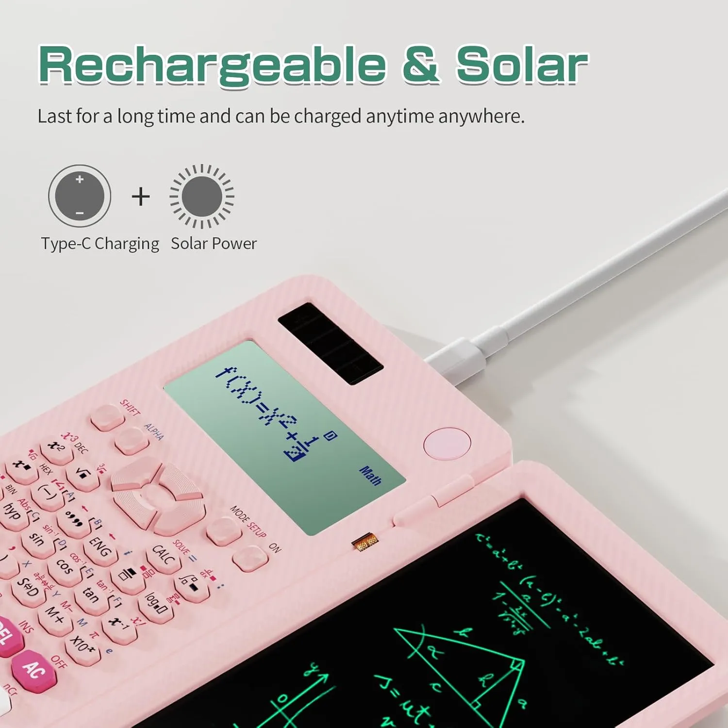 Rechargeable ROATEE 991ES MAX Scientific Calculators, CalcNote Multiview 4-Line Display with LCD Writing Tablet Notepad, Foldable Portable for Business High School College Students and Teacher(Pink)