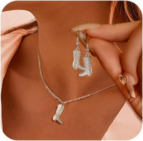RechicGu Texas Cowboy Boot Necklace Earrings Western Jewelry Set for Women Silver Gold Cowgirl Choker Dangle Earring Set Dainty Country Accessories Rodeo Outfit for Ladies Trendy