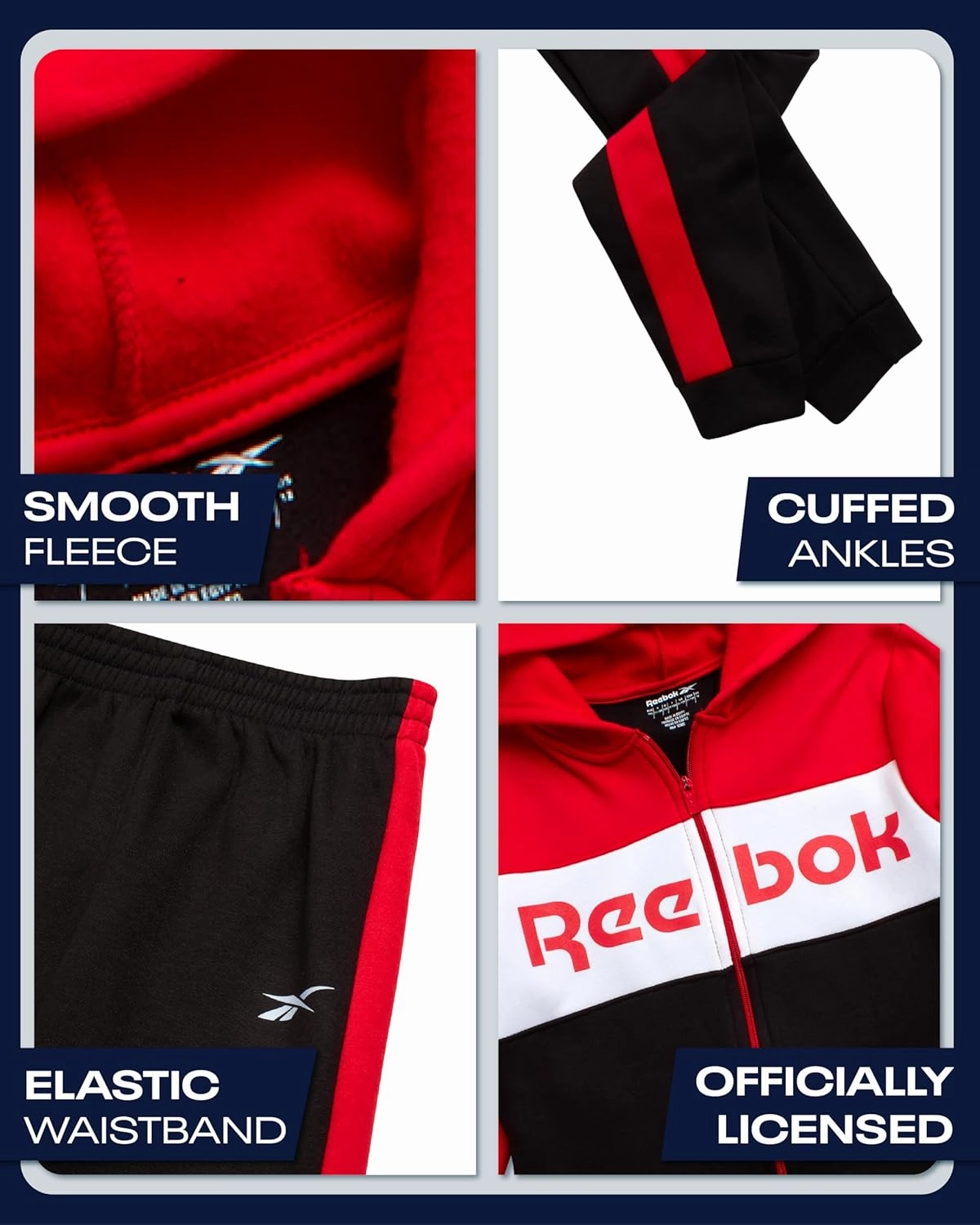 Reebok Boys' Active Sweatsuit - 2 Piece Performance Fleece Zip Hoodie Sweatshirt and Jogger Sweatpants - Activewear Set, 8-14