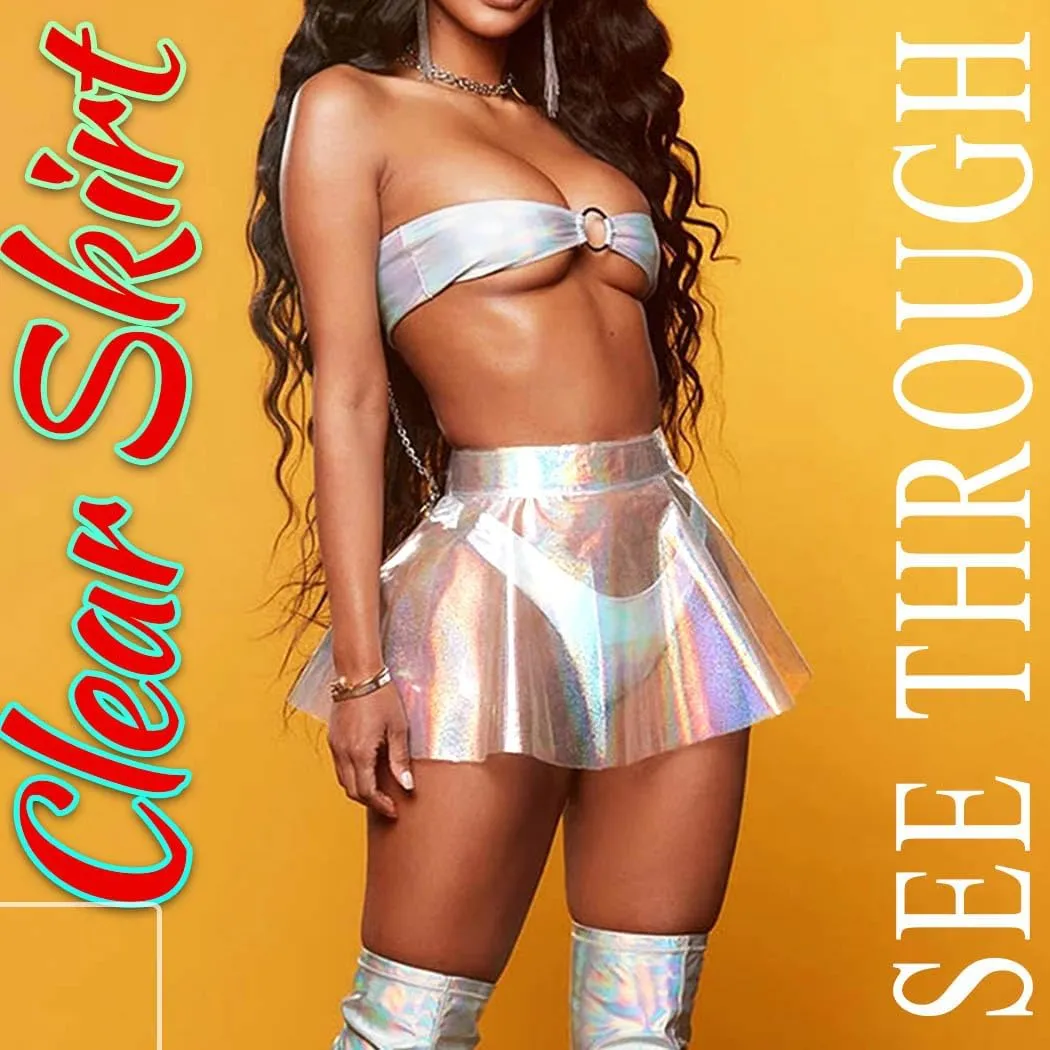 REETAN Rave Clear Holographic Skirt Transparent See Through Outfit for Women