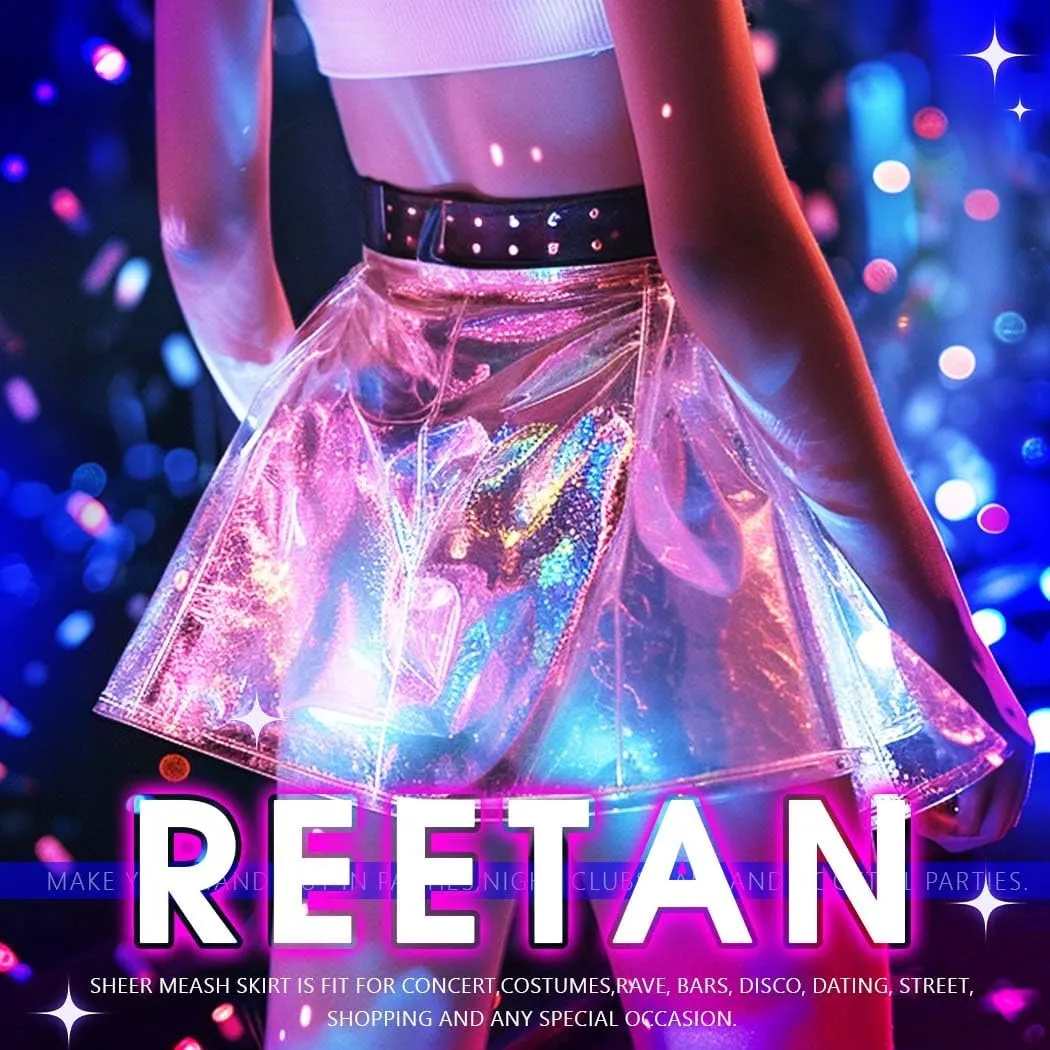 REETAN Rave Clear Holographic Skirt Transparent See Through Outfit for Women
