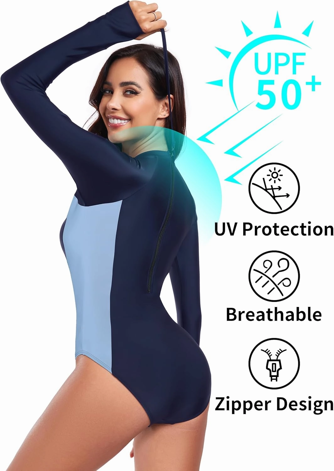 RELLECIGA Women's Long Sleeve UV Protection Rash Guard Zipper Athletic Surfing Swimwear
