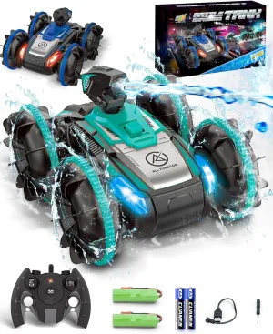 Remote-Control Car RC Boat for Boys: Amphibious Car Toys with Water Spray for Pool, Gifts for Kids 6-9, 2.4 GHz Waterproof Monster Truck Stunt Vehicle, Water Beach Pool Toys (Green)