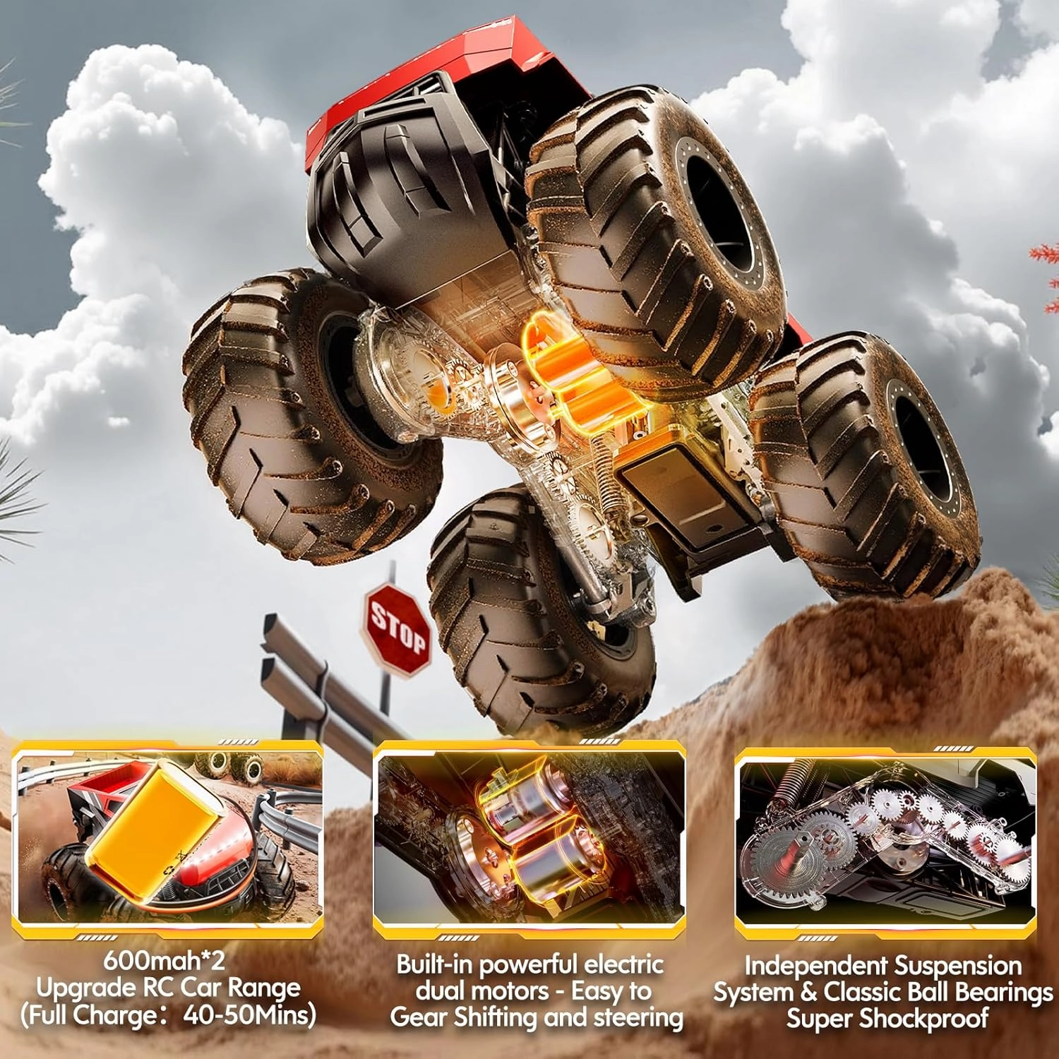 Remote Control Car Off-Road Pick-up Truck - 4WD Amphibious RC Truck Toy RC Cars for All Terrain, 1:16 Scale Hobby Monster Trucks Toys 2.4GHz Vehicles Kids Gifts for Boys/Girls Age 6 7 8 9 10-12 ,Red