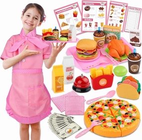 Restaurant Playsets for Kids - Waitress Role Play Costume Set for Girls, 60 Pieces Food Playset with Girls Apron, Diner Playset for Kids, Play Restaurant, Pretend Restaurant Playset for Kids Age 3 