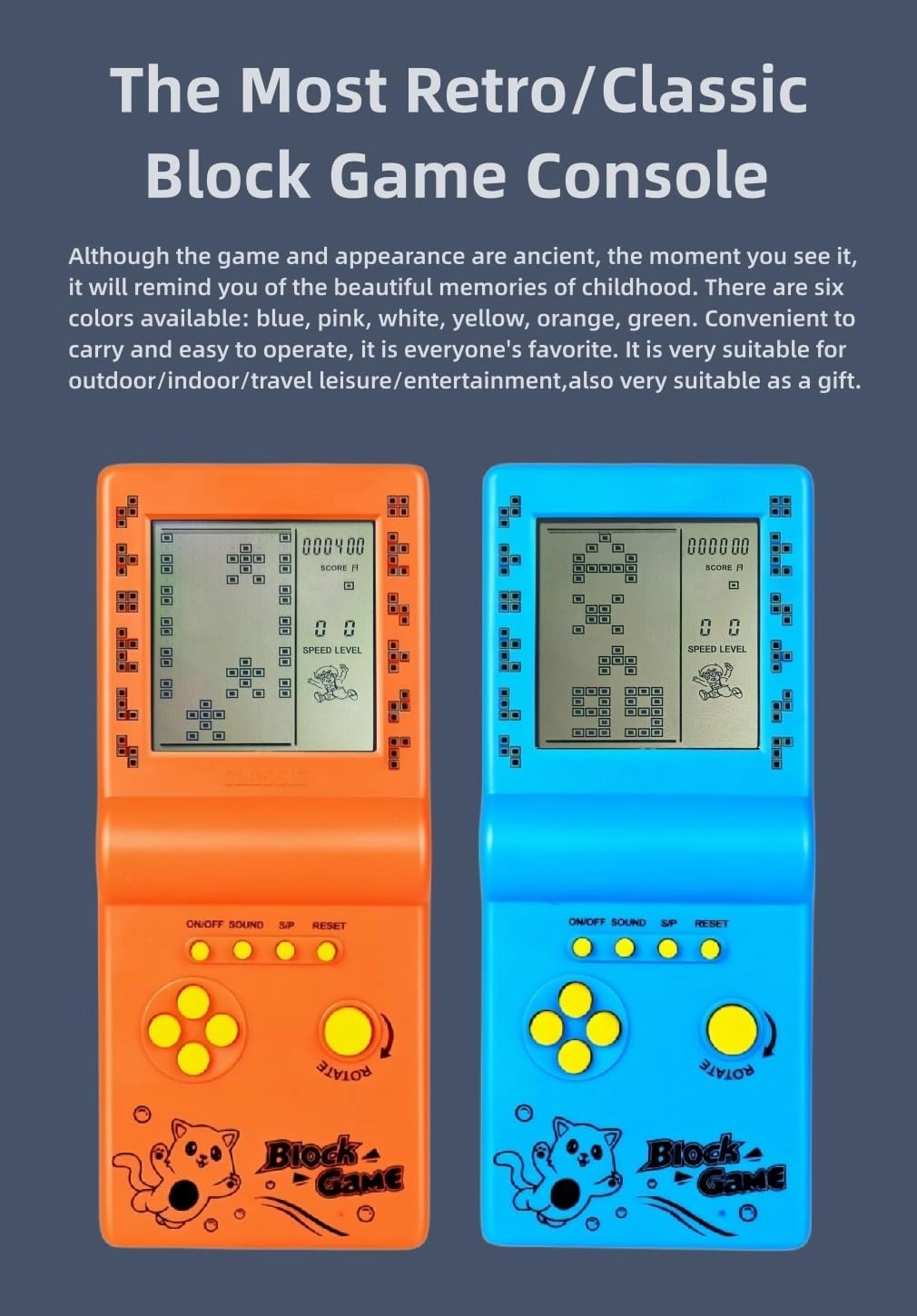Retro Classic Block Game Console Multiple Games Adjustable Level/Speed Handheld Porable Console Brick Game/Racing/Tank Battle Puzzle Game Electronic Toys Children/Friends (Green)