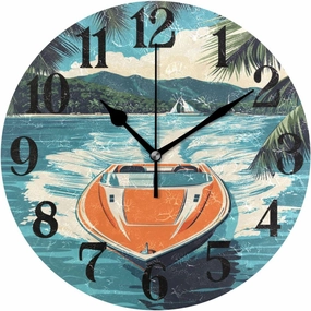 Retro Speedboat on Water Clock for Living Room Wall Clock Round Kitchen 10 Inch Non-Ticking Silent Battery Operated Quartz Atomic Analog Clocks Decorative Bedroom Home