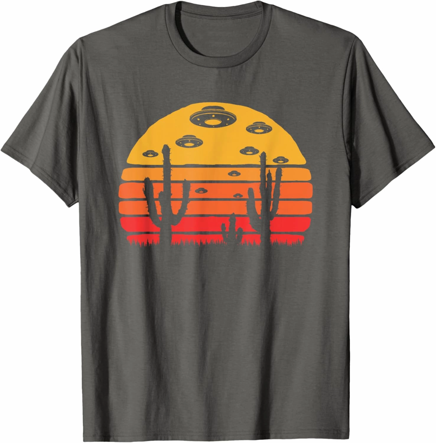 Retro UFO and Desert Cactus Visitors At Sunset - Believe! T-Shirt
