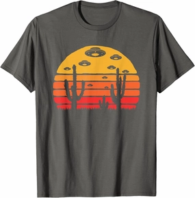 Retro UFO and Desert Cactus Visitors At Sunset - Believe! T-Shirt