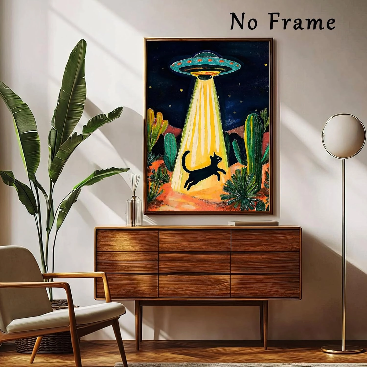 Retro Ufo Canvas Wall Art Desert Cactus Picture Ufo Poster Funny Black Cat Prints Dark Moody Landscape Painting Cat Abstract Animal Poster Alien Abduction Art Desert Landscape Artwork 16x24in No Frame