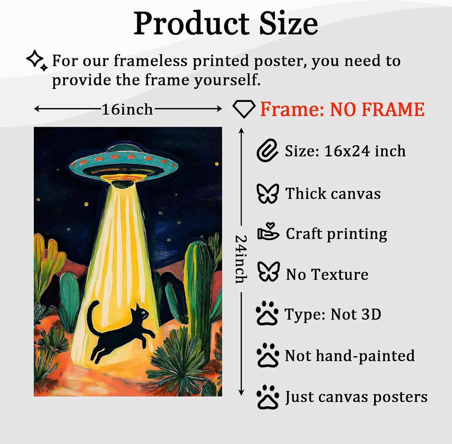 Retro Ufo Canvas Wall Art Desert Cactus Picture Ufo Poster Funny Black Cat Prints Dark Moody Landscape Painting Cat Abstract Animal Poster Alien Abduction Art Desert Landscape Artwork 16x24in No Frame