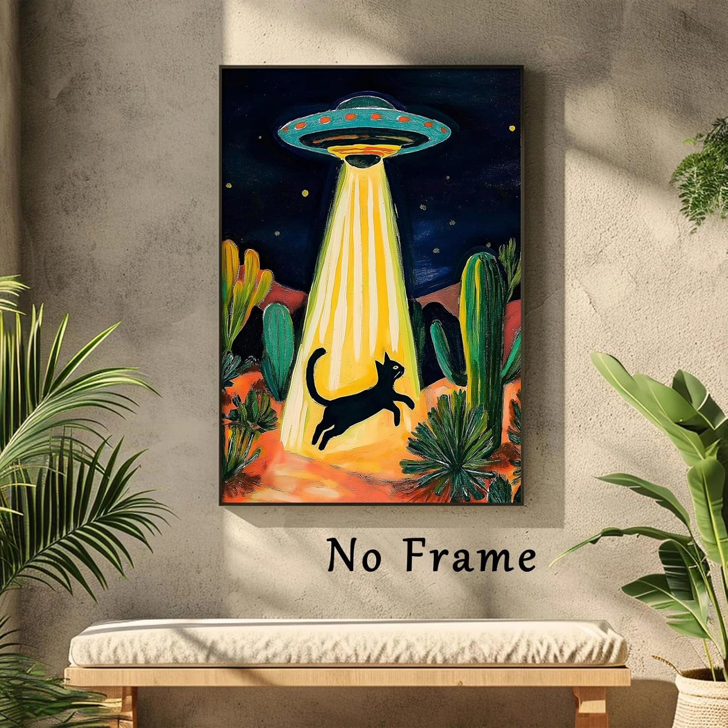 Retro Ufo Canvas Wall Art Desert Cactus Picture Ufo Poster Funny Black Cat Prints Dark Moody Landscape Painting Cat Abstract Animal Poster Alien Abduction Art Desert Landscape Artwork 16x24in No Frame
