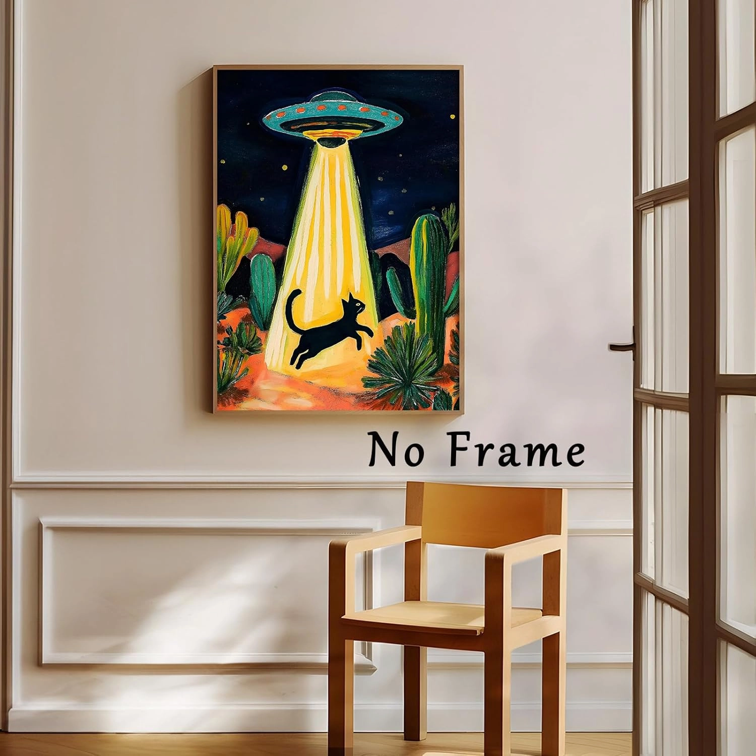 Retro Ufo Canvas Wall Art Desert Cactus Picture Ufo Poster Funny Black Cat Prints Dark Moody Landscape Painting Cat Abstract Animal Poster Alien Abduction Art Desert Landscape Artwork 16x24in No Frame