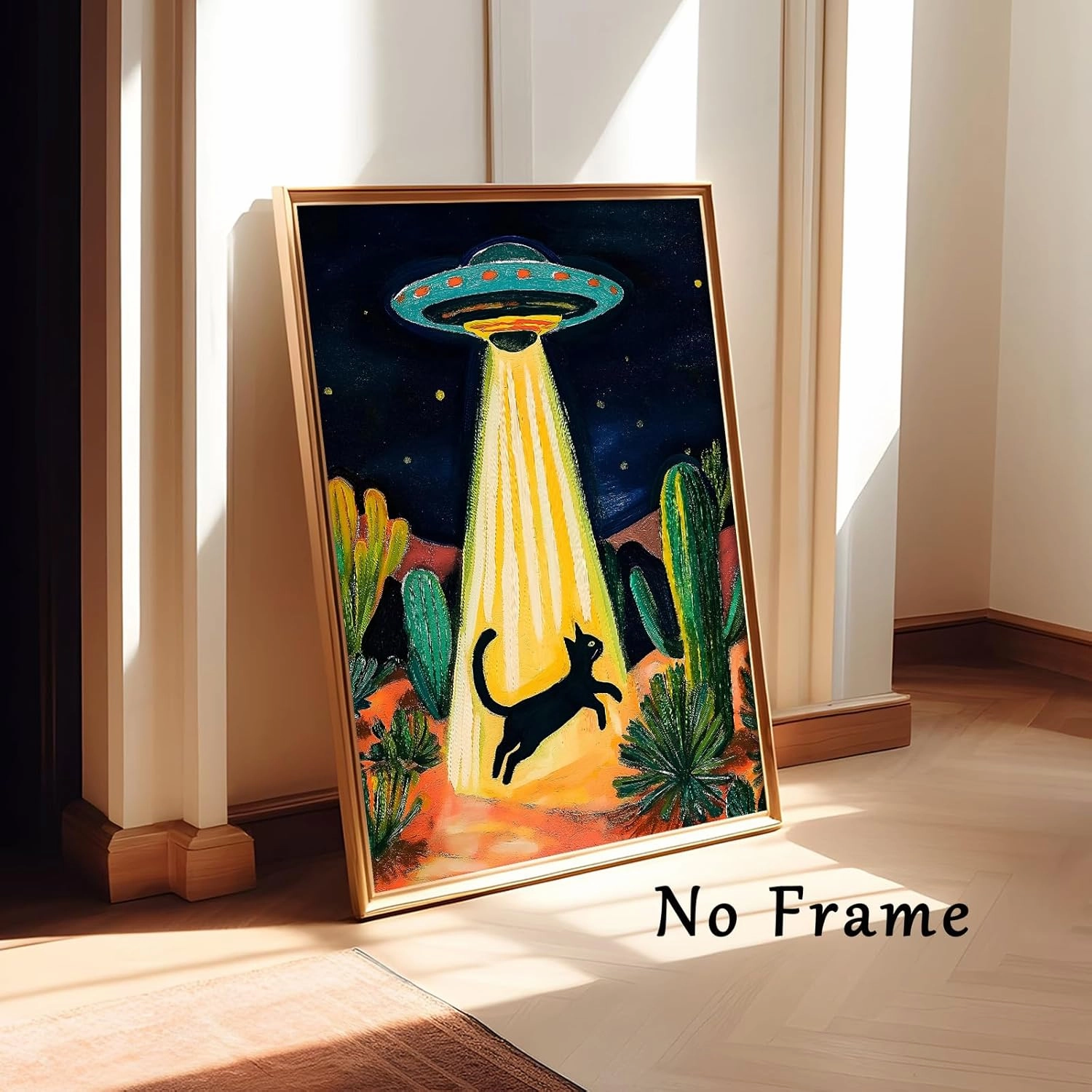 Retro Ufo Canvas Wall Art Desert Cactus Picture Ufo Poster Funny Black Cat Prints Dark Moody Landscape Painting Cat Abstract Animal Poster Alien Abduction Art Desert Landscape Artwork 16x24in No Frame