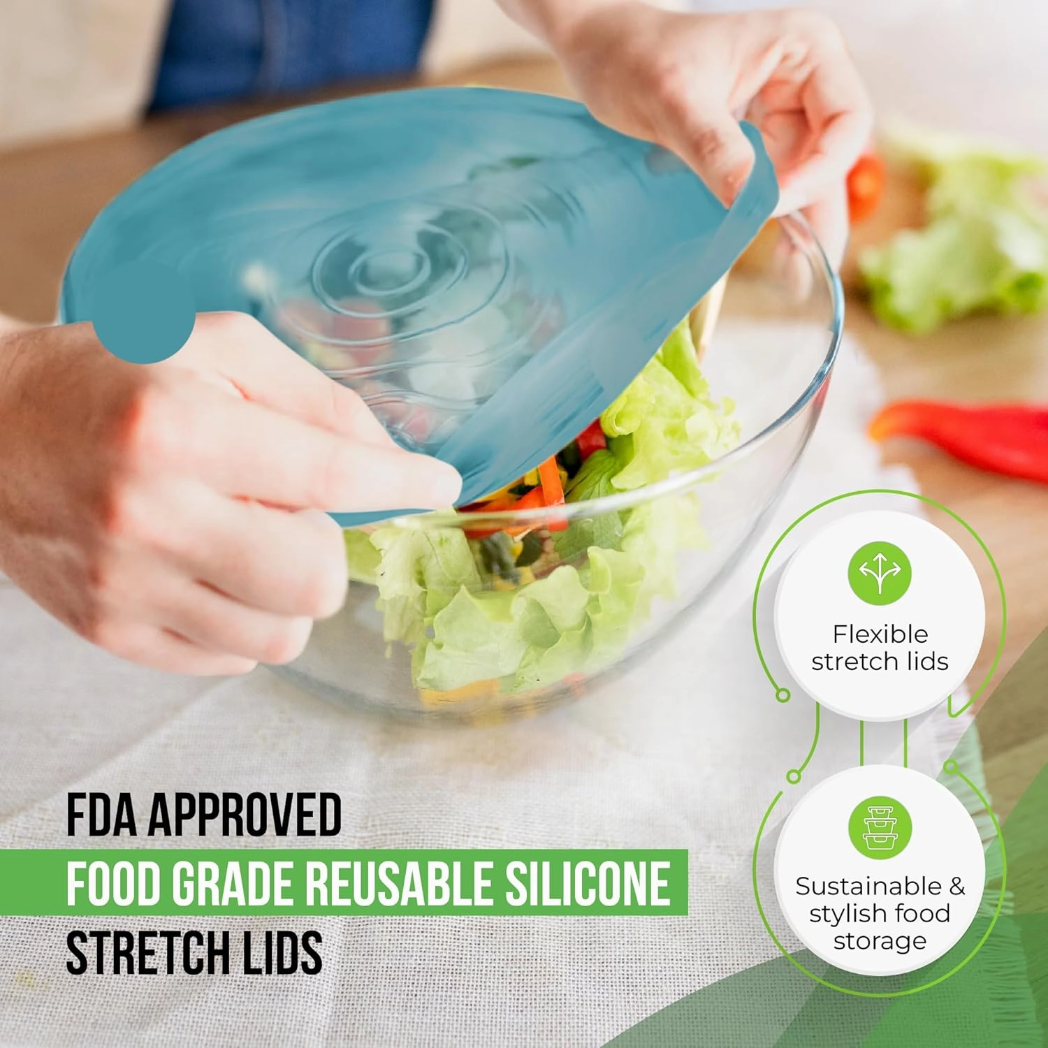 Reusable Silicone Stretch Lids for Food Storage in Fridge - Elastic Heat-Resistant Bowl Covers, Cups, Cans, Jars - Universal Food Grade Lid - Dishwasher Safe -7 Pack-Aqua Mist Stretchy Lid Set