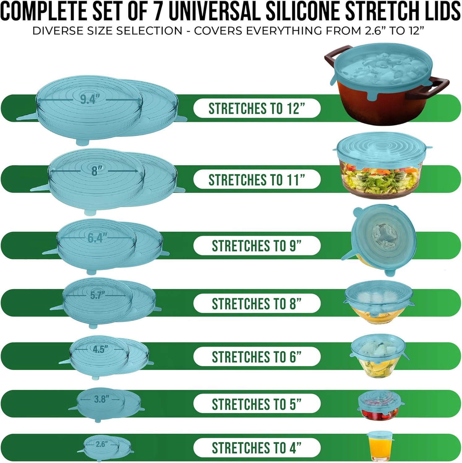 Reusable Silicone Stretch Lids for Food Storage in Fridge - Elastic Heat-Resistant Bowl Covers, Cups, Cans, Jars - Universal Food Grade Lid - Dishwasher Safe -7 Pack-Aqua Mist Stretchy Lid Set