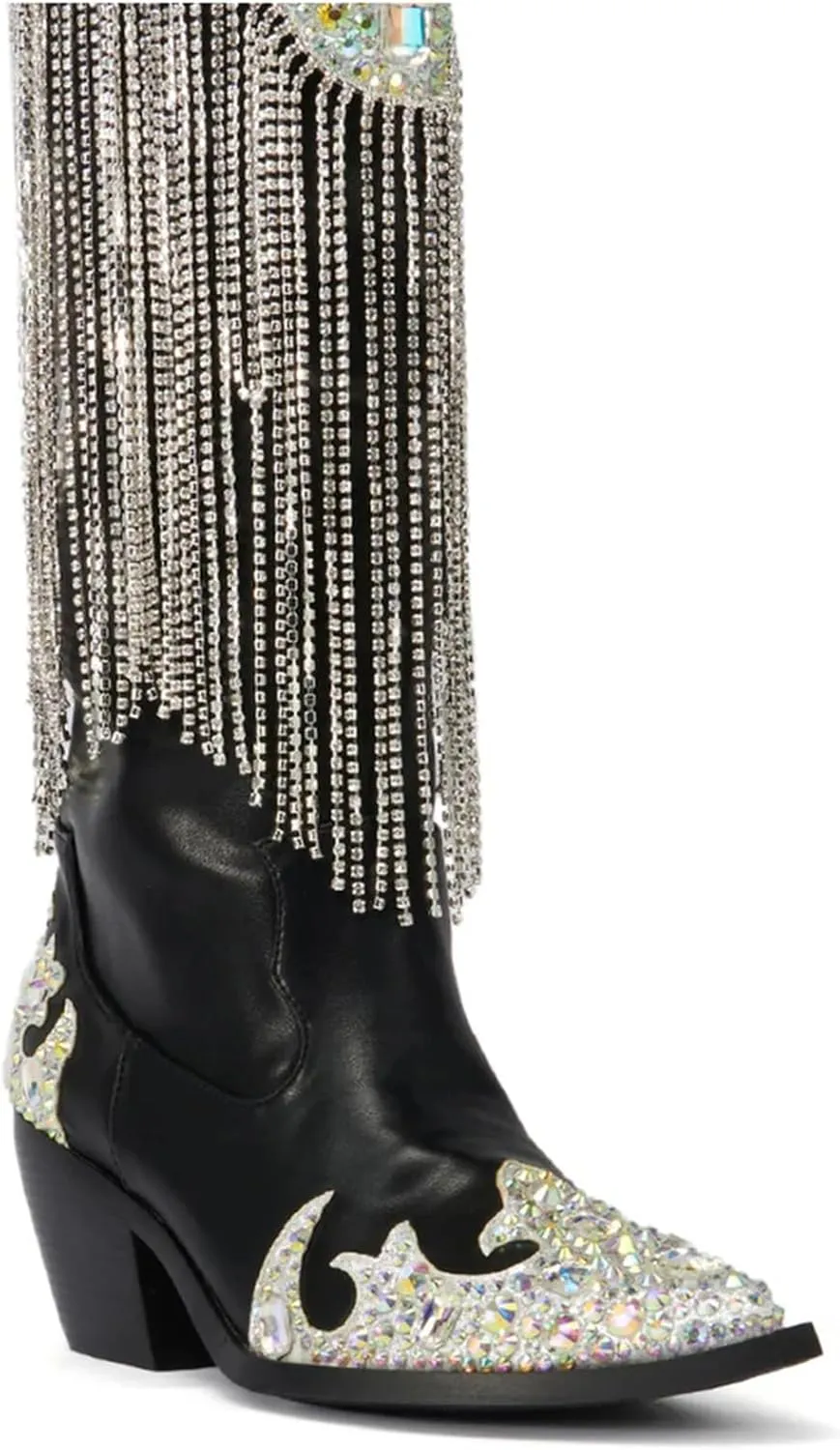 Rhinestone Fringe Cowboy Boots for Women, Sparkly Cowgirl Western Boots Pointed Toe Zipper Block Heel Mid Calf Dress Casual Party Festival Wedding Vacation Shopping Fashion Boots