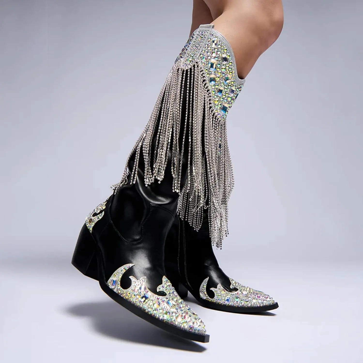 Rhinestone Fringe Cowboy Boots for Women, Sparkly Cowgirl Western Boots Pointed Toe Zipper Block Heel Mid Calf Dress Casual Party Festival Wedding Vacation Shopping Fashion Boots