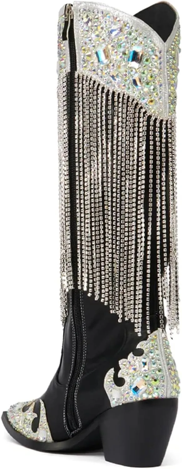 Rhinestone Fringe Cowboy Boots for Women, Sparkly Cowgirl Western Boots Pointed Toe Zipper Block Heel Mid Calf Dress Casual Party Festival Wedding Vacation Shopping Fashion Boots