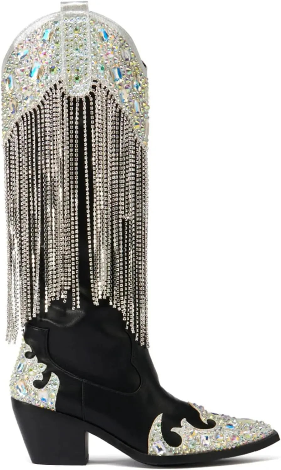 Rhinestone Fringe Cowboy Boots for Women, Sparkly Cowgirl Western Boots Pointed Toe Zipper Block Heel Mid Calf Dress Casual Party Festival Wedding Vacation Shopping Fashion Boots