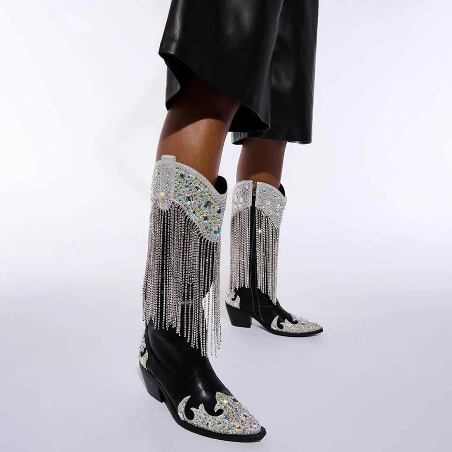 Rhinestone Fringe Cowboy Boots for Women, Sparkly Cowgirl Western Boots Pointed Toe Zipper Block Heel Mid Calf Dress Casual Party Festival Wedding Vacation Shopping Fashion Boots