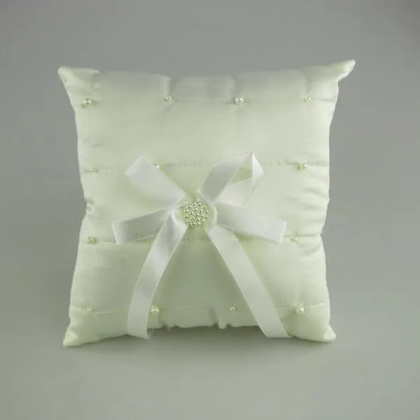 Ring Bearer Satin Pillows Wedding Occassion, 7-inch, Square Pearls, Ivory, CLOSEOUT