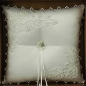 Ring Bearer Satin Pillows Wedding Occassion, 8-inch, Flower Etched with Rhinestone, White, CLOSEOUT