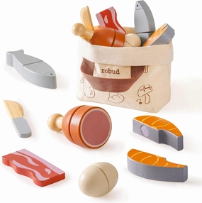 ROBUD Wooden Play Food Set, Cutting Toy Food for Pretend Kids Play Kitchen Accessories Toy Food with Storage Bag, Toys Gifts for 3  Year Old Girls Boys, Meat Set
