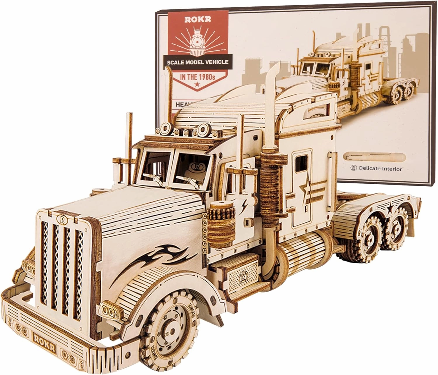 ROKR 3D Wooden Puzzle for Adults-Mechanical Car Model Kits-Brain Teaser Puzzles-Vehicle Building Kits-Unique Gift for Kids on Birthday/Christmas Day(1:40 Scale)(MC502-Heavy Truck)