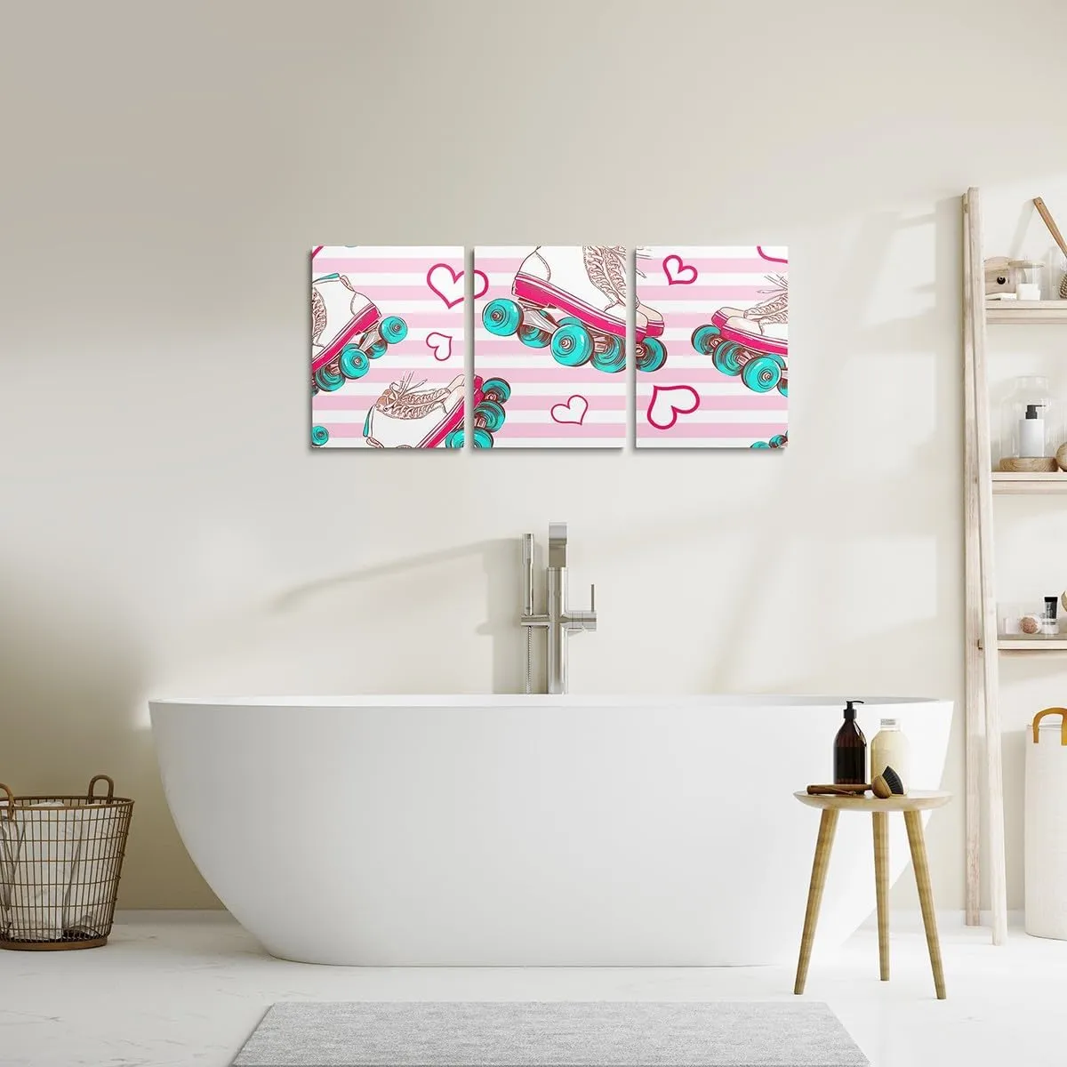 Roller Skates Canvas Wall Art,Kawaii Pink Hearts Striped Aesthetic Wall Hangings for Living Room,Girly Rolling Skating Sports Bathroom Canvas Wall Artwork Decor,Set of 3