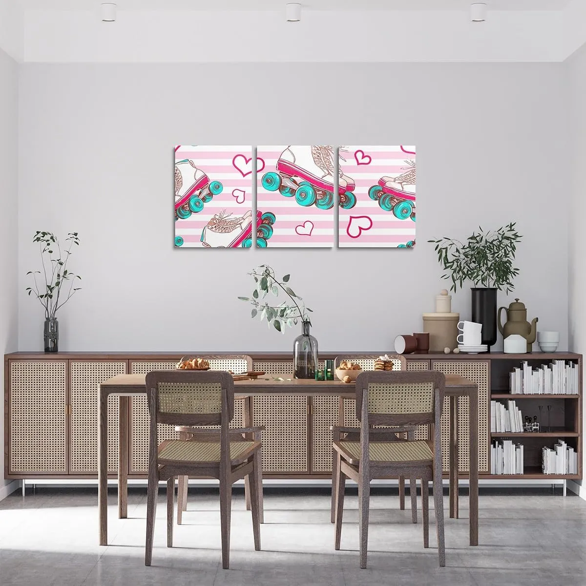 Roller Skates Canvas Wall Art,Kawaii Pink Hearts Striped Aesthetic Wall Hangings for Living Room,Girly Rolling Skating Sports Bathroom Canvas Wall Artwork Decor,Set of 3