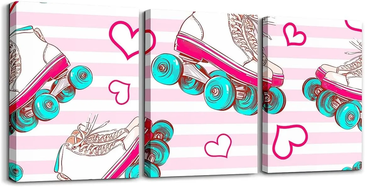 Roller Skates Canvas Wall Art,Kawaii Pink Hearts Striped Aesthetic Wall Hangings for Living Room,Girly Rolling Skating Sports Bathroom Canvas Wall Artwork Decor,Set of 3