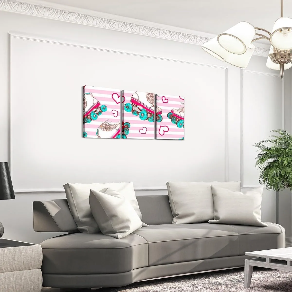 Roller Skates Canvas Wall Art,Kawaii Pink Hearts Striped Aesthetic Wall Hangings for Living Room,Girly Rolling Skating Sports Bathroom Canvas Wall Artwork Decor,Set of 3