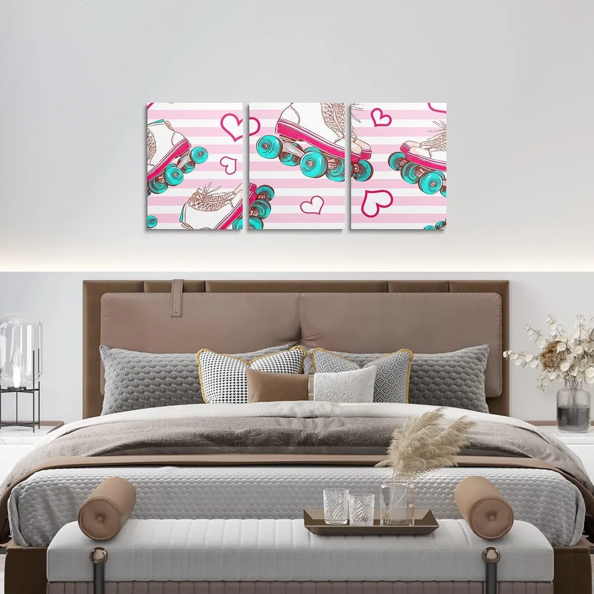 Roller Skates Canvas Wall Art,Kawaii Pink Hearts Striped Aesthetic Wall Hangings for Living Room,Girly Rolling Skating Sports Bathroom Canvas Wall Artwork Decor,Set of 3
