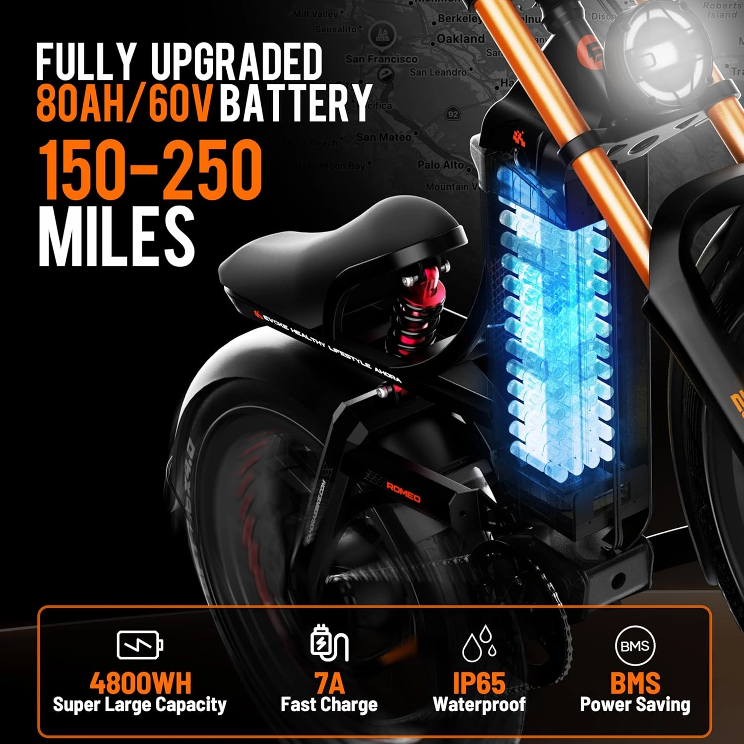 Romeo Pro III/Pro II Ebikes for Adults 50MPH/44MPH 4000W/5000W Dual Motor Electric Bike 60V 80AH/52V 70AH Ebike 250 /200  Miles Long Range Ebike 26 * 4.0" Fat Tire Full Suspension E-Bike