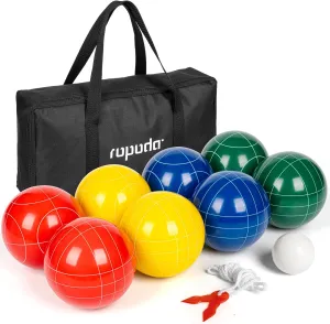 ropoda 100mm Bocce Ball Set Regulation Size and Weight with 8 Resin Bocce Balls, 50 mm Pallino, Carrying Bag, Measuring Rope, Backyard/Lawn/Beach/Outdoor, Bocci Games (Multi Colors, 2-8 Players)