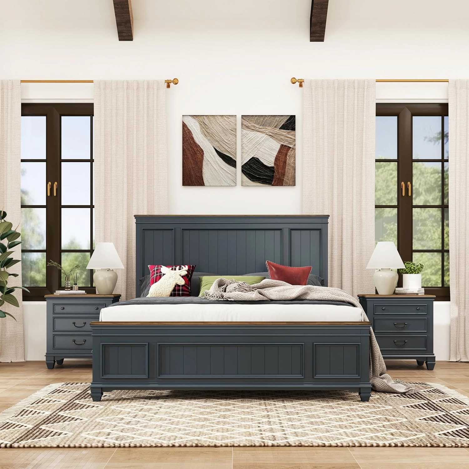 Roundhill Furniture Riverton Wood 3-Piece Bedroom Set, Shiplap Panel King Bed with 2 Nightstands in Slate Blue