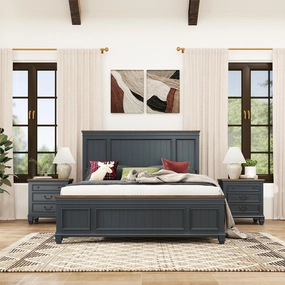Roundhill Furniture Riverton Wood 3-Piece Bedroom Set, Shiplap Panel King Bed with 2 Nightstands in Slate Blue