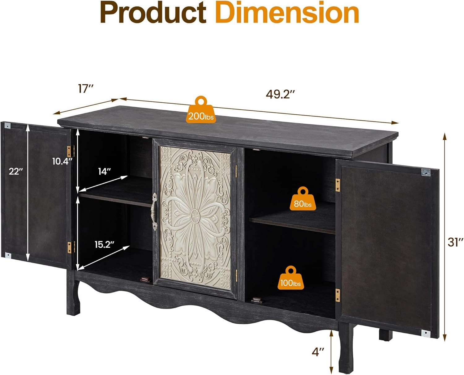 RoyalCraft Farmhouse Sideboard Buffet Cabinet with Storage, 49" Solid Wood Credenza Buffet Table Coffee Bar Wine Bar Storage Cabinet with 3 Doors for Dining Room Living Room Hallway (Provence Black)