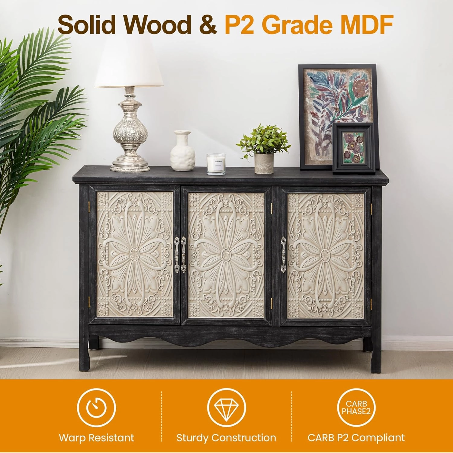 RoyalCraft Farmhouse Sideboard Buffet Cabinet with Storage, 49" Solid Wood Credenza Buffet Table Coffee Bar Wine Bar Storage Cabinet with 3 Doors for Dining Room Living Room Hallway (Provence Black)