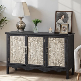RoyalCraft Farmhouse Sideboard Buffet Cabinet with Storage, 49" Solid Wood Credenza Buffet Table Coffee Bar Wine Bar Storage Cabinet with 3 Doors for Dining Room Living Room Hallway (Provence Black)